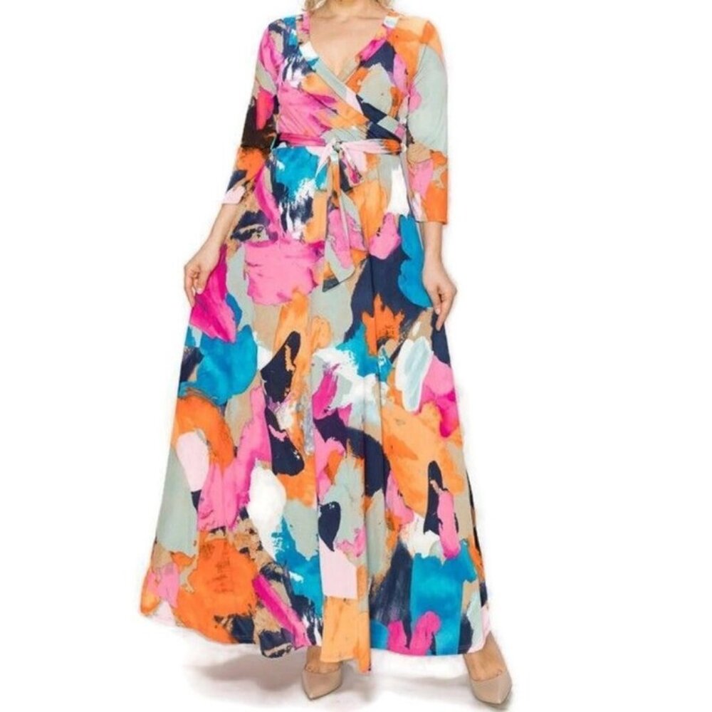 Janette Fashion Draped in Colors Faux Wrap Maxi Plussize Dress